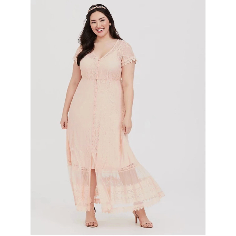 4 4X 4XL 26 24w Torrid Stretchy Pink Lightweight Maxi Bohemian Lace Button Dress